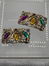 Vintage Costume Jewelry Musi Shoe Clips Gold Tone Colorful Rhinestones READ