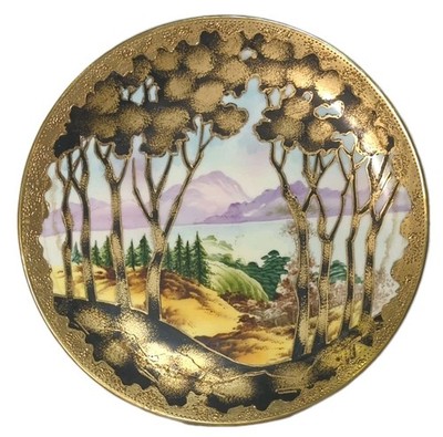 Antique C.1891 Noritake Nippon Scenic Plate Gold Gilding Trees Purple Mountains 