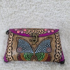 Mexican Hand-Tooled Leather Butterflies Flowers Tan Clutch Wristlet Bag