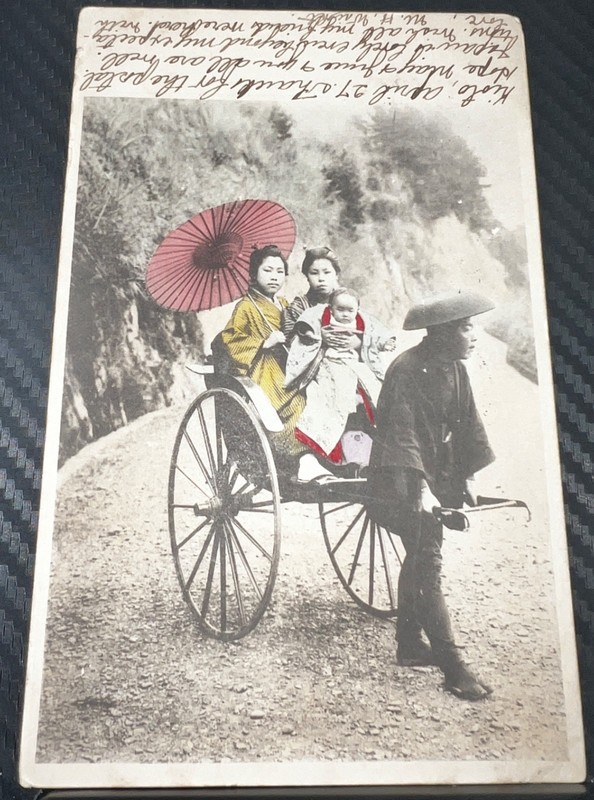 1906 HAND COLORED JAPAN POSTCARD WOMEN CHILD IN RICKSHAW SCOTT 99 SS MANCHURIA