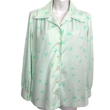 Center Stage Womens Green Long Sleeve Print Vintage Button Down 1970's Top L