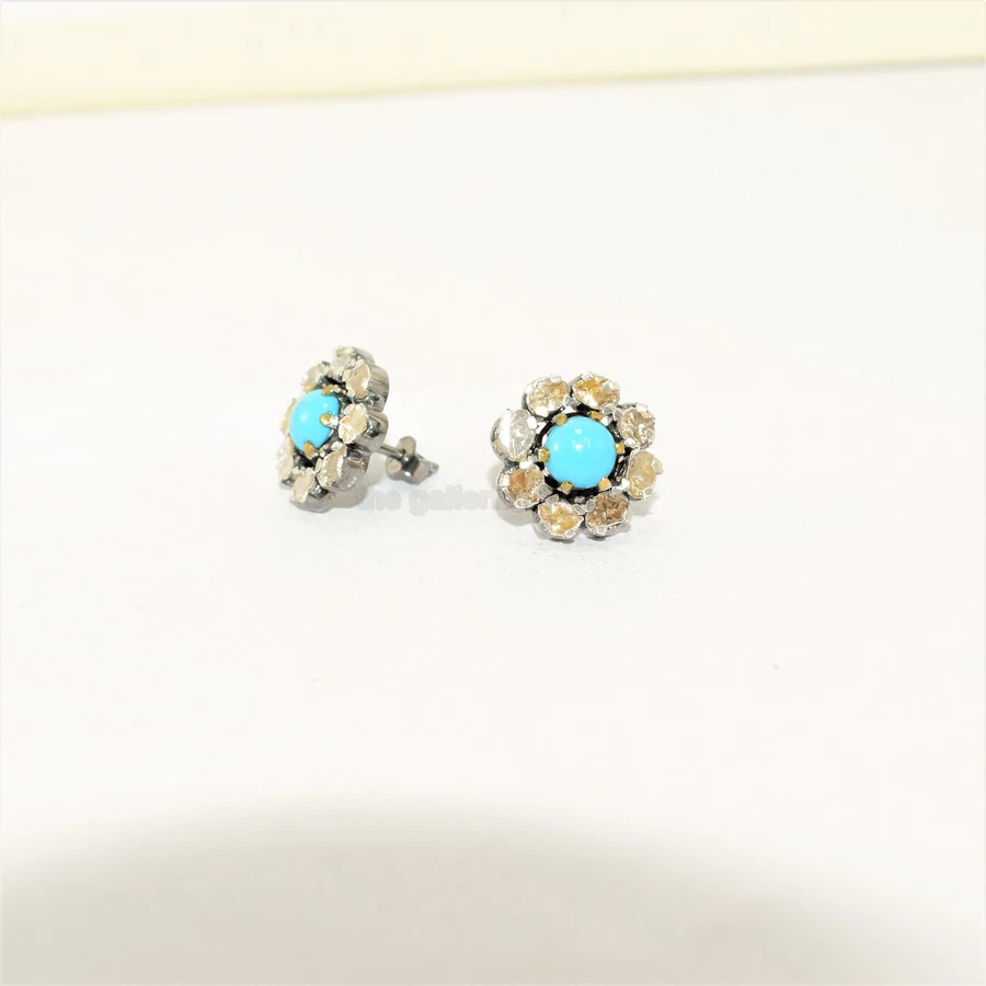 Polki Diamond Earrings With Turquoise 925 Sterling Silver Victorian Jewelry - Image 3 of 4