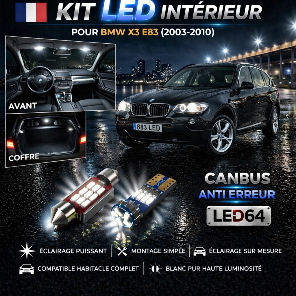 Kit 19 ampoules LED blanc pour éclairage intérieur de plafonnier BMW X3 E83