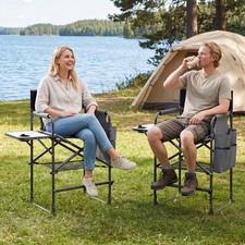 26  Folding Tall Director Chair w/ Side Table, Cup Holders, Storage Pockets