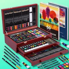 175 Pcs Deluxe Art Set w/ 2 Drawing Pads Acrylic Paints Crayons Colored Pencils