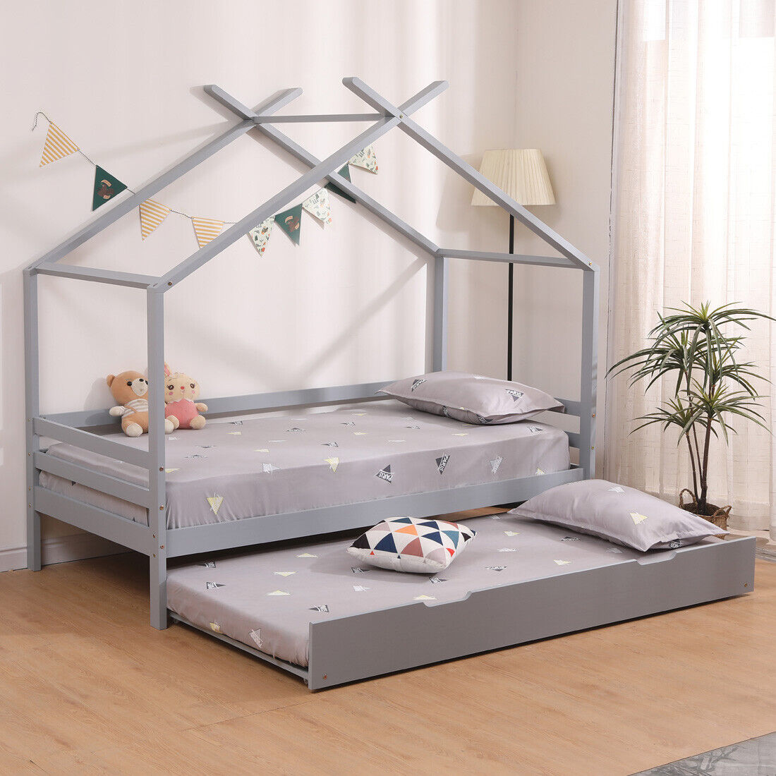 DONEWELL Kids Single Bed Frame - White House-Shaped Bed with Underbed Storage Drawers Mattress Size:90x190cm(Mattress Not Included) 15 TEDDY KIDS WOODEN HOUSE TREEHOUSE SINGLE BED FRAME - WHITE/GREY - TRUNDLE OPTION