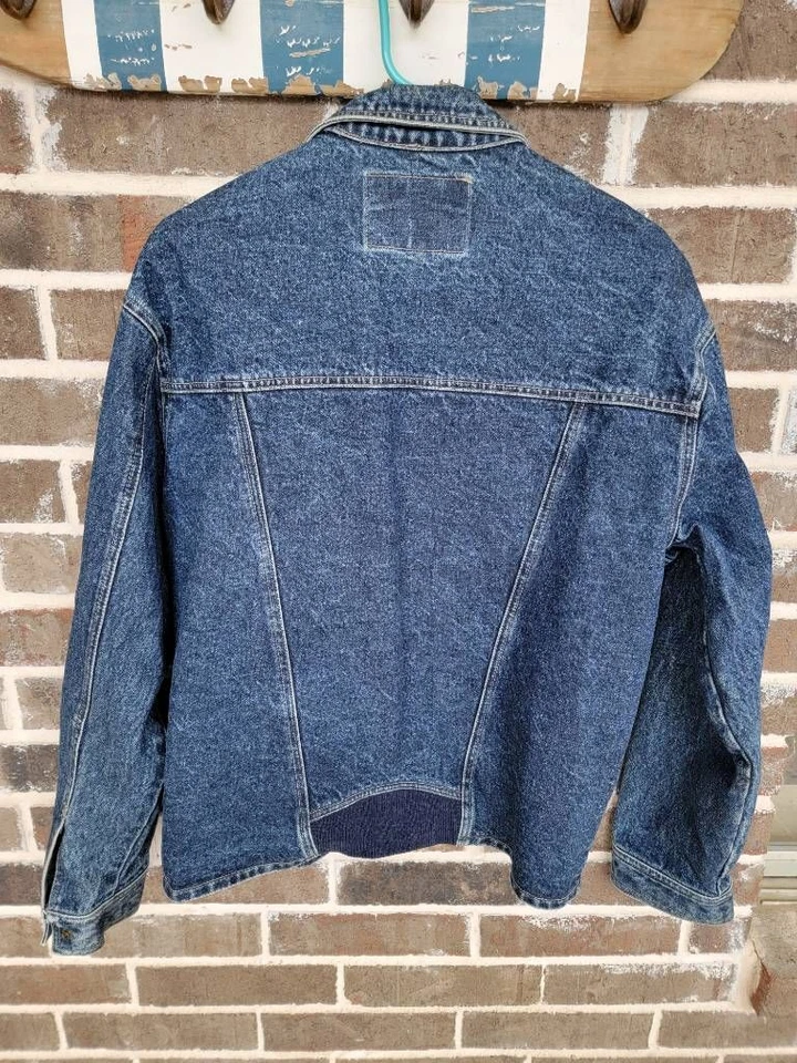 Chaqueta de mezclilla Lawman para mujer azul asimétrica con cremallera bolsillos cuello M Foto 2 de 4