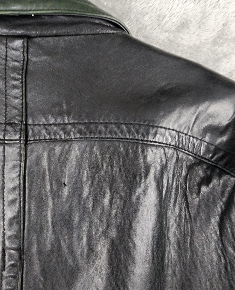 MAXWEAR Leather Jacket Mens 38R Black Green Trim Full Zip MAXWEAR Leather Jacket Mens 38R Black Green Trim Full Zip