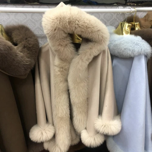 OFF WHITE Cappotto donna lana cashmere mantello pelliccia di volpe orlo tutto tondo mantello poncho avvolgente   con cappuccio