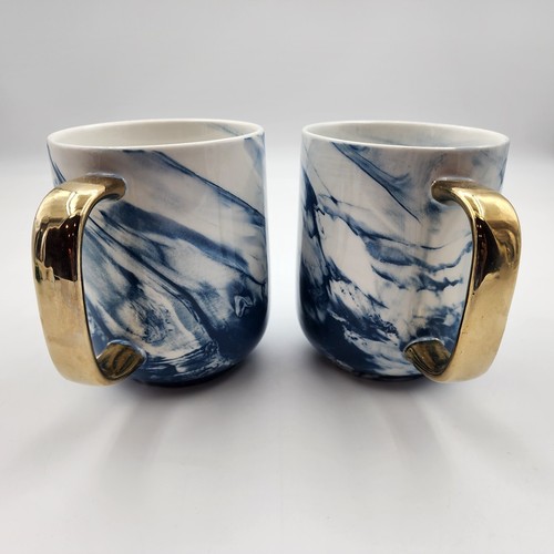 Marble Ceramic Coffee Mugs w Gold Tone Handle Tea Cup Blue White 4.25" Lot of 2 - Picture 2 of 8