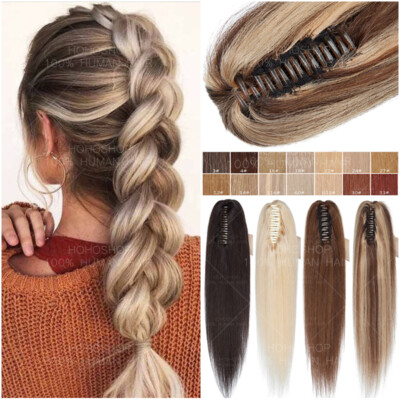 THICK 100% Remy Human Hair Claw Ponytail Wrap Clip In Extensions Balayage Braid