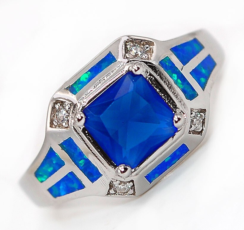 1CT Treated Sapphire & Australian Opal Inlay 925 Sterling Silver Ring Size 8 BA4