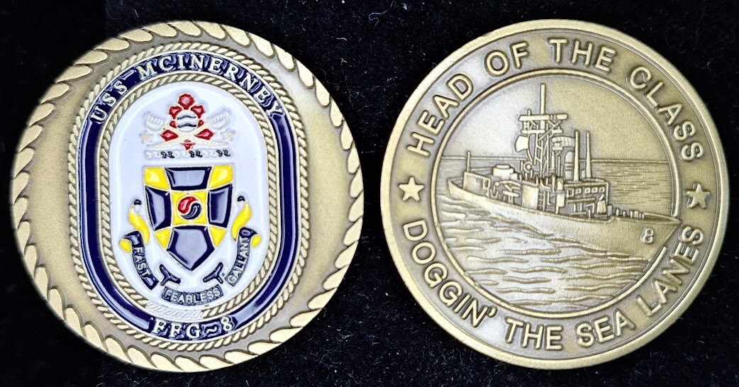 USS McInerney FFG-8 Navy Challenge Coin Doggin the Sea Lanes