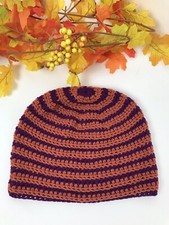 New Hand Crocheted Beanie Skull Cap, Striped, Burnt Orange And Purple.