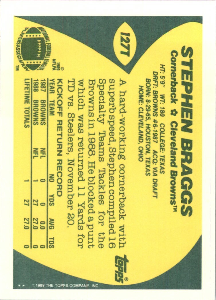 1989 Topps Traded NFL Stephen Braggs #127T | eBay