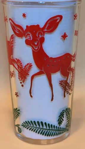 Hazel Atlas 5" Christmas Glass ❤Adorable Red Playful Baby Reindeer Flora & Fauna