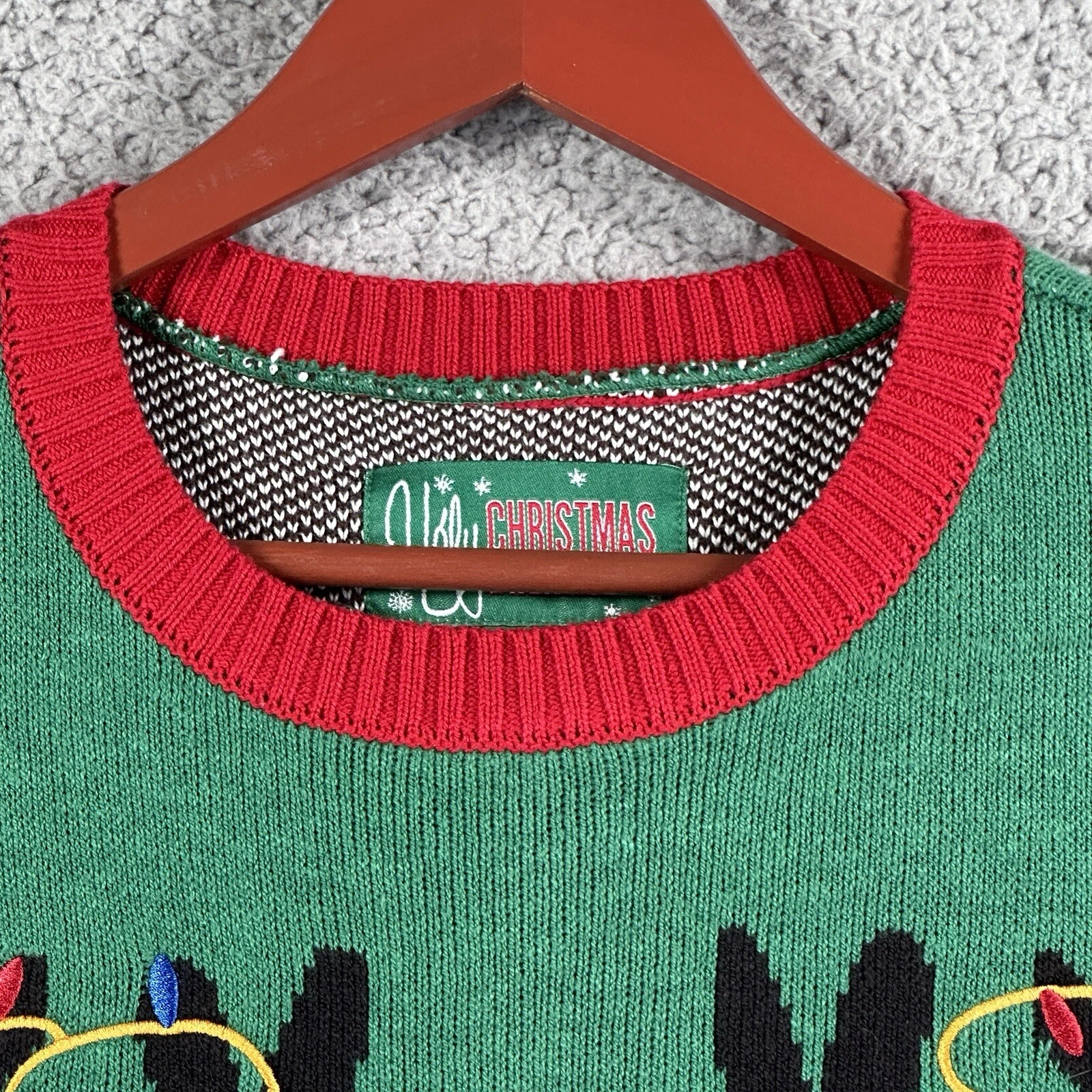 Ugly Christmas Sweater Reindeer Smiling Striped Front And Back Size Large Green