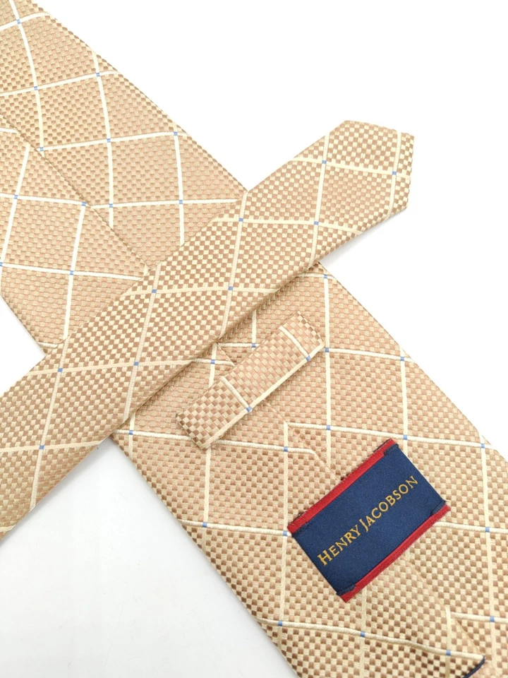 🇺🇲 Henry Jacobson Mens Gold Window Pane Silk Tie 56x3 7/8 - Image 2 of 4