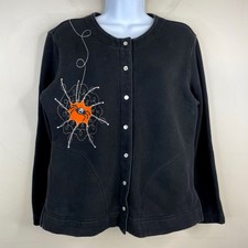 Vintage Womens Halloween Fleece Jacket Size S 6 8 Pearl Snap Spider Web Pockets