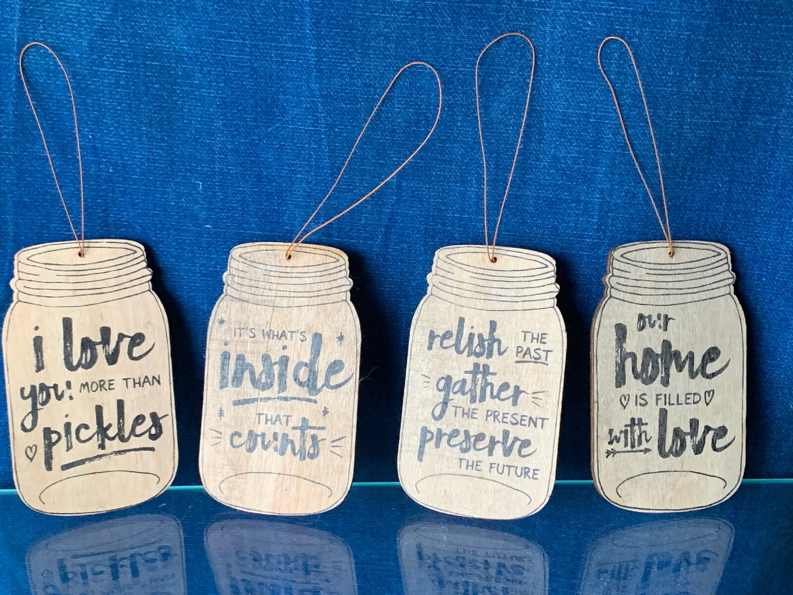 Vintage Primitive RELISH PICKLE MASON JAR Ornaments Gather Family Set of 4 ❤️m9