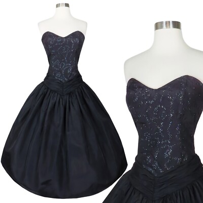 Vintage 80s 50s Strapless Black Taffeta Glitter Full Skirt Prom Party Dress  XS | eBay