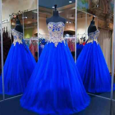 Royal Blue A-Line Wedding Dresses Lace Applique Lace-Up A-line Bridal Gowns  | eBay