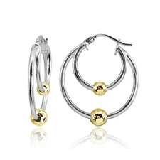Sterling Silver Two Tone High Polished Bead Double Hoop Earrings
