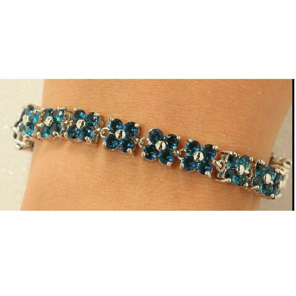 Браслет с голубым топазом круглой огранки 7 карат с покрытием из белого золота 14 карат 925 - Изображение 2 из 4