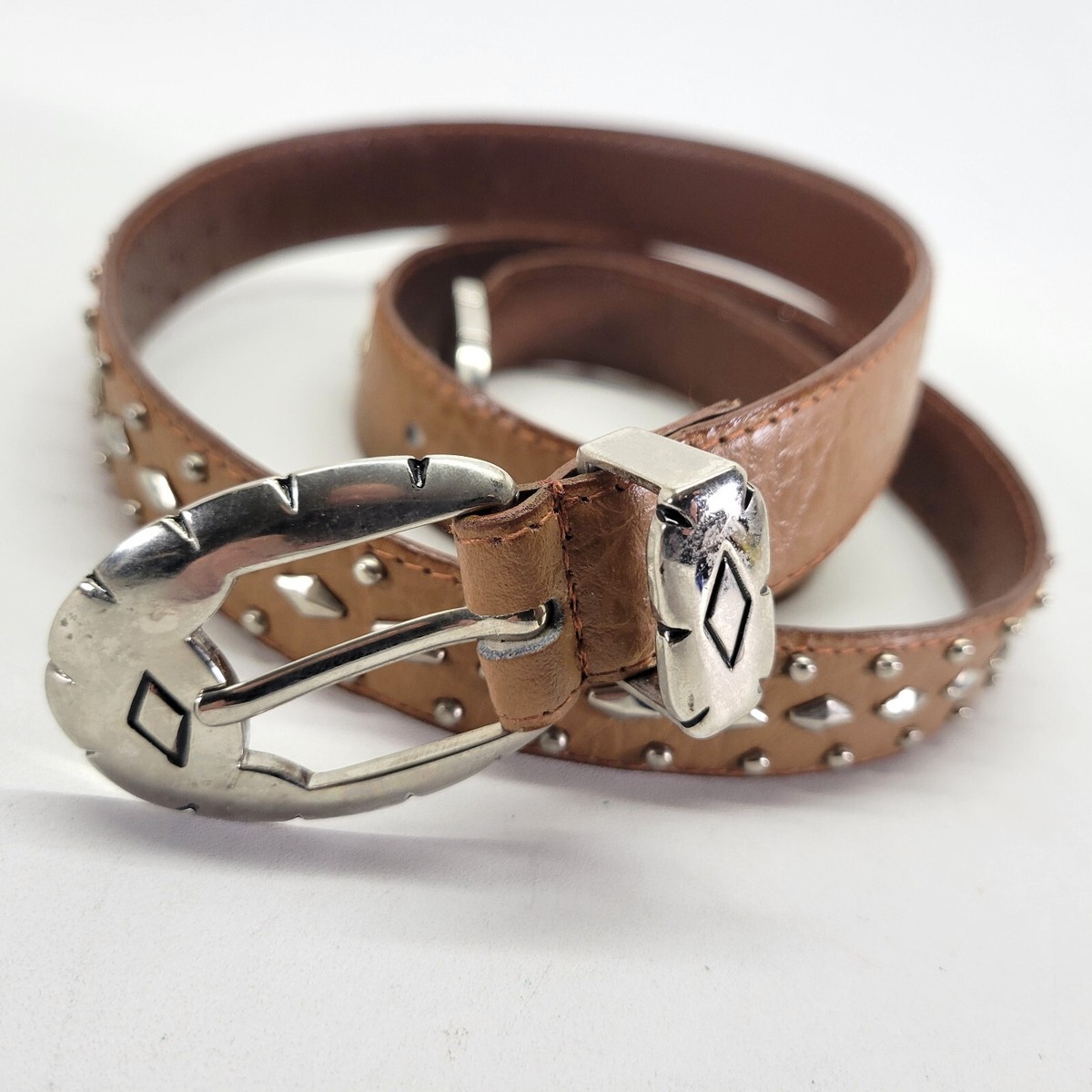 Jana Studded Belt 30 32 Pebbled Leather Pyramid Brown | eBay