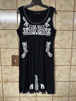 Grace Elements Black Embroidered Sleeveless Knee Length Casual Dress, Size L