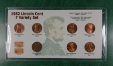 1982 Lincoln Cent 7 Coin Variety Set in Plastic Sleeve on Full Color Card
