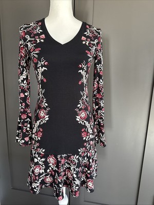 White House Black Market Pink Floral Ruffle Hem Long Sleeve Dress Sz XXSP
