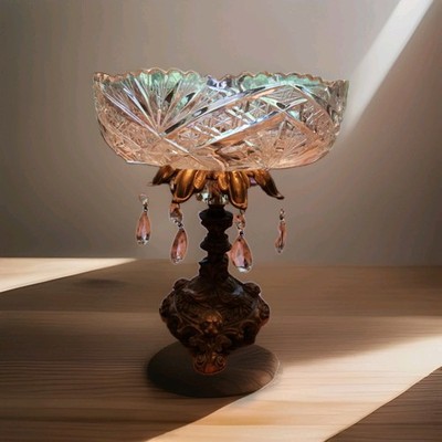 Vtg Loevsky & Loevsky Hollywood Regency Brass Cut Crystal Pedestal Compote Bowl