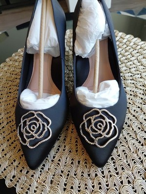 Taryn Rose Maci Satin Pumps Crystal Block-Heel Black Size 10 NEW with BOX