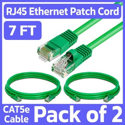 2 Pack Cat5e Cable Green 7FT Lan Ethernet Patch Cord Network Internet Wire RJ45