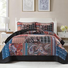 DJY Patchwork Quilt Set King Size Boho Bedspread Coverlet, King, Black Coral