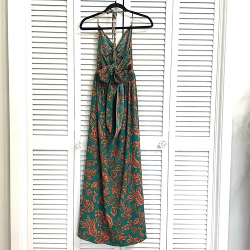 Shein Open Back Tropical Halter Dress Maxi Tie Back Coral and Green Floral Sz S - Picture 4 of 13