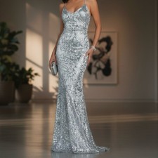 Backless Lace-Up Sequin Satin Gown S Silver Formal Dress Prom Evening Gala