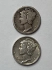 Mercury Dime 2 Coin Lot - 1945 P & 1927 S Circulated 90% Silver