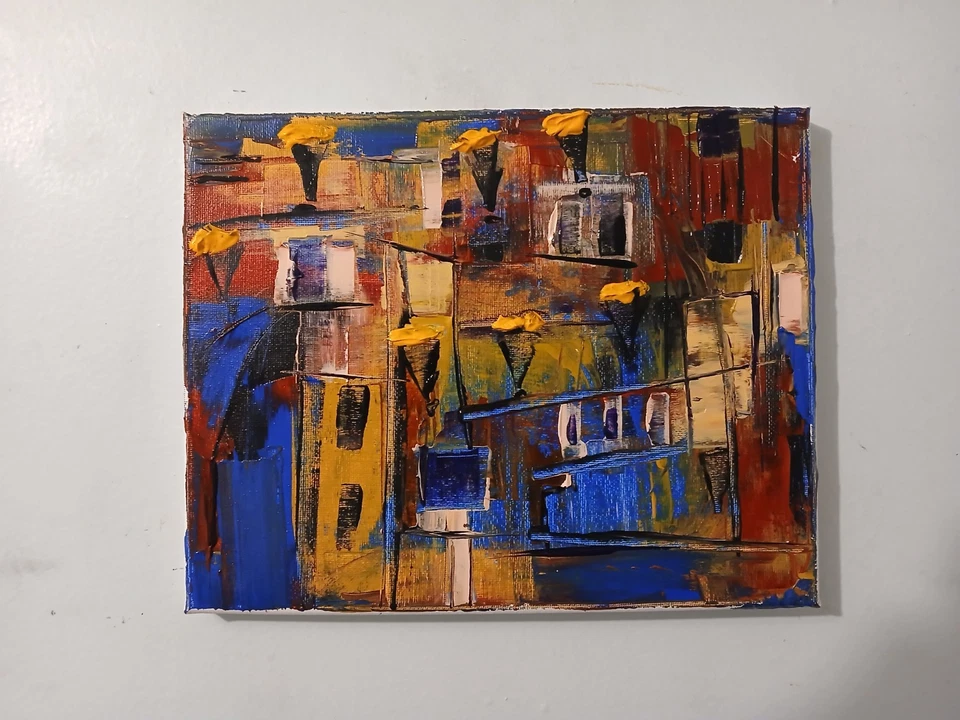 original abstract acrylic painting on canvas "Spanish Plaza At Night" - Image 3 of 4