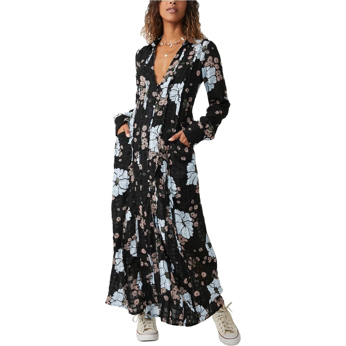 Free People Size M Black Back At It Floral Print Long Sleeve Maxi Dress  OS29-13 | eBay