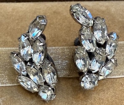 Vintage Early Miriam Haskell Silver Tone Clear Rhinestone Screw Back Earrings