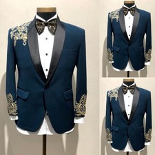 Blue Mens Jacket Formal Prom Party Jacket Blazer Gold Appliques Beading Coat
