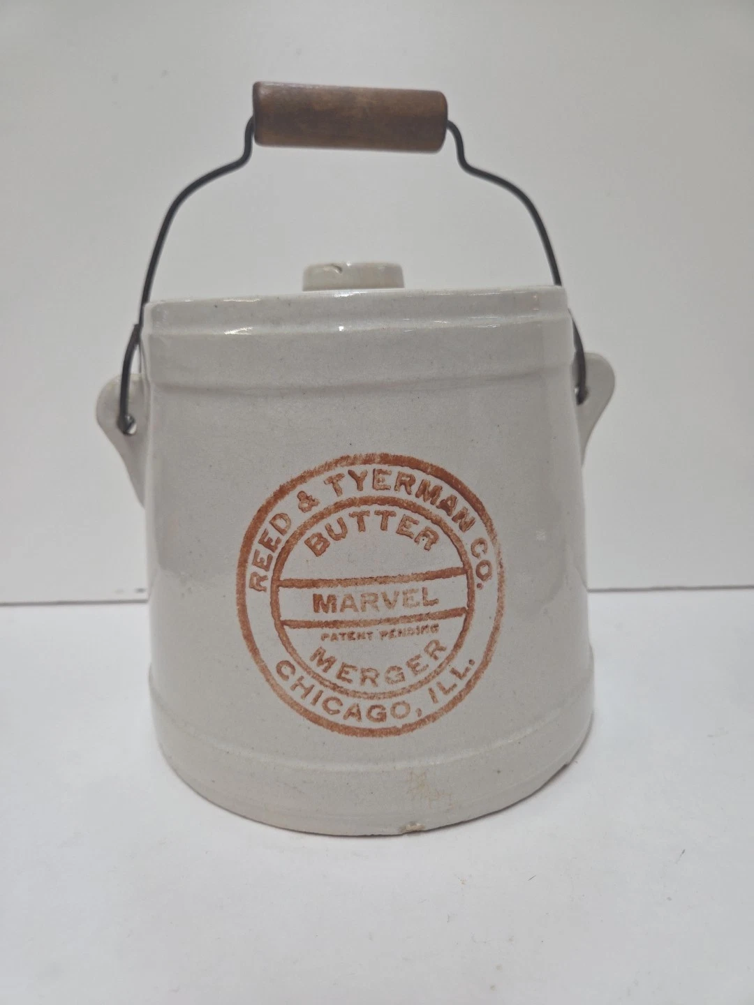 Reed & Tyerman Bell Shaped Wood Handled Butter Crock W/ Cover Primitive Chicago