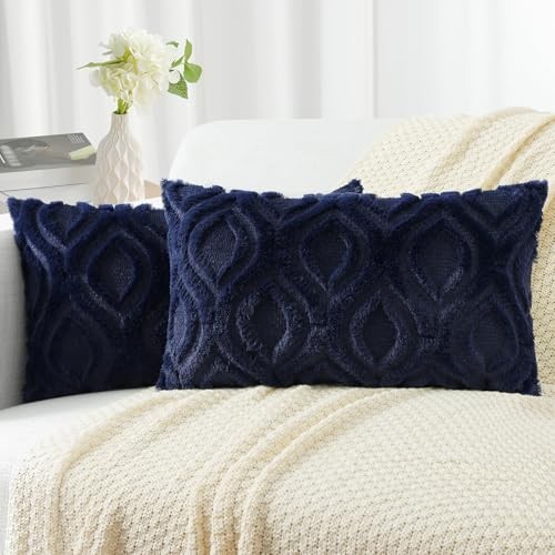 Throw Pillow Covers 12x20 Inch Set of 2, Soft Plush Faux Wool Navy Blue Couch