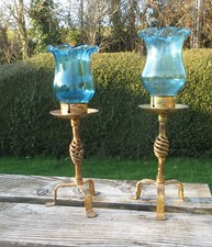 2 Similar Vintage Gold Painted Wrought Iron Candle Holders & Blue Glass Shades