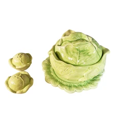 Cabbage Covered Dish with Plate and Salt/Pepper Shakers