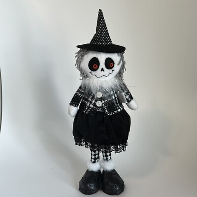 Mrs Skully Skeleton Witch Figurine Doll Halloween Lace Fur Dress Delton 16 In