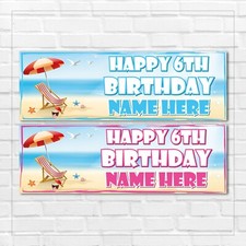 2 PERSONALISED BEACH THEME BIRTHDAY BANNERS 900mm x 300mm