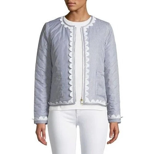 Giacca trapuntata Tory Burch Petra reversibile skinny righe caramelle blu nuova con etichette XL